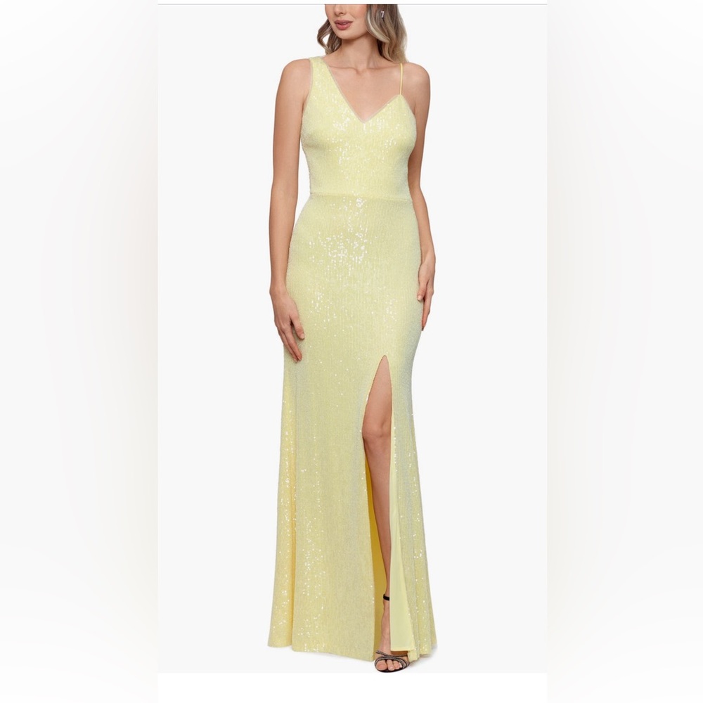 Xscape Evenings Sequin Asymmetric Neck Sheath Gown